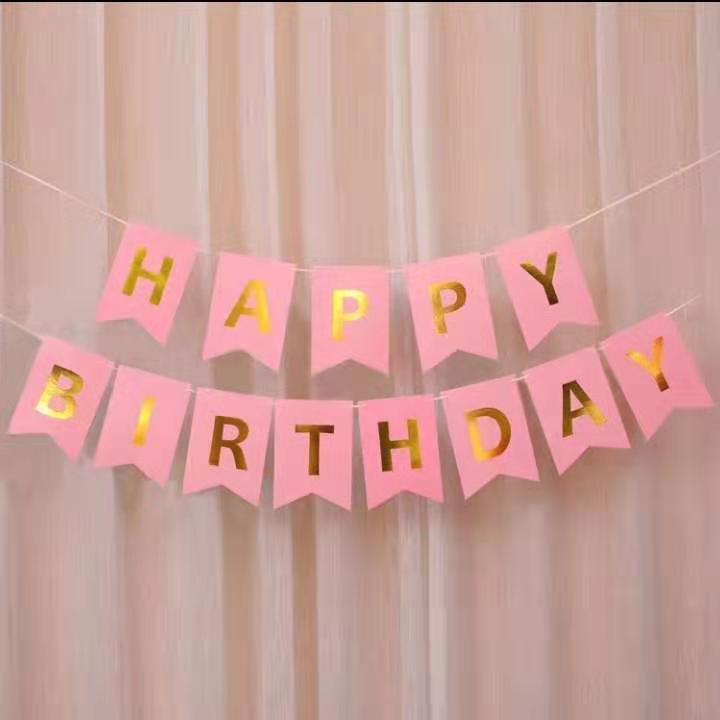 Happy Birthday Banner Pink And Gold Happy Birthday"Gold Letters Birthday Party Decorations Small Pink Cardboard  Banner Set W/String | Shopee Philippines