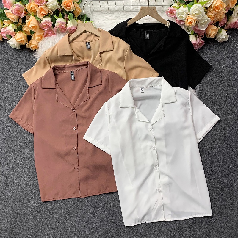 Short Sleeves Tops for Women Summer Korean Style Shirt Ladies Loose Solid Color Blouse #6