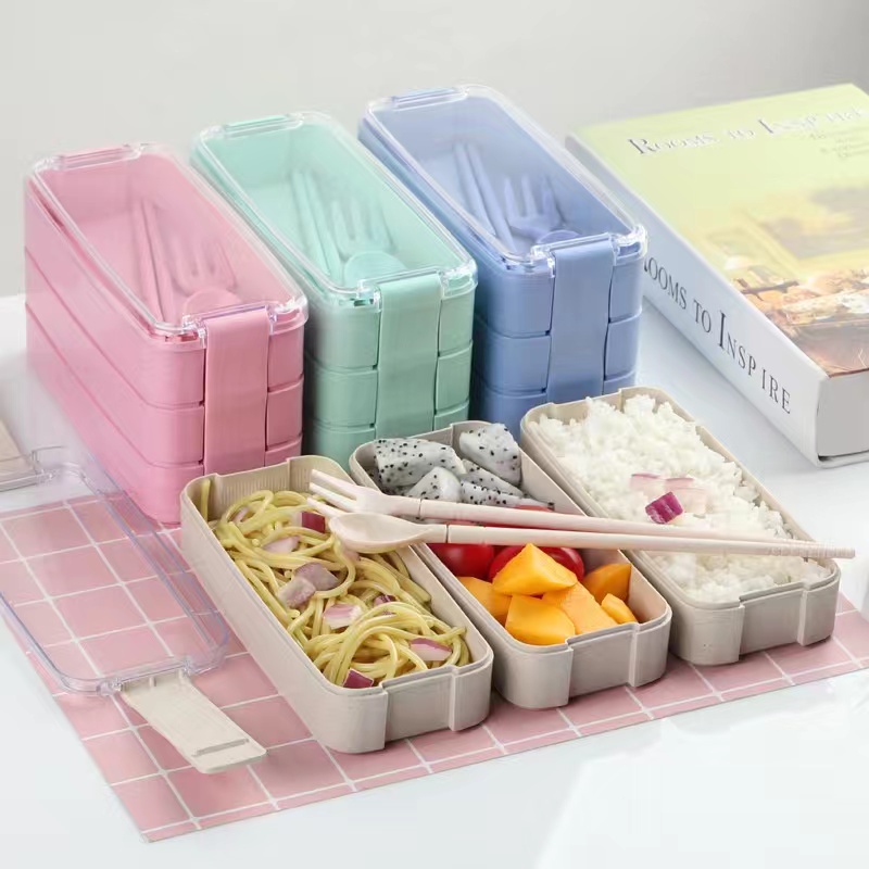 Zey 3 Layer Bento Box with Fork and Spoon Microwave Heated Tableware