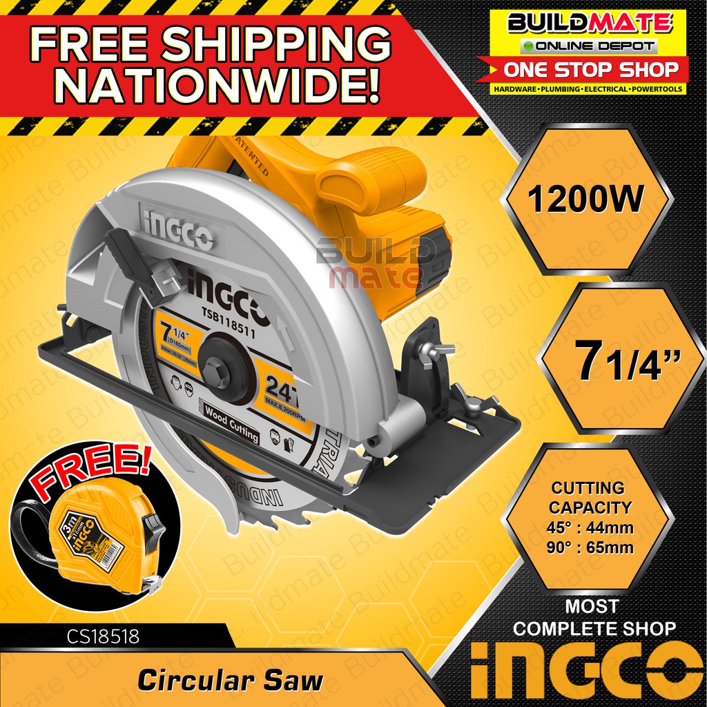 INGCO Circular Saw 7 1 4 1200W CS18518  FREE TAPEMEASURE 