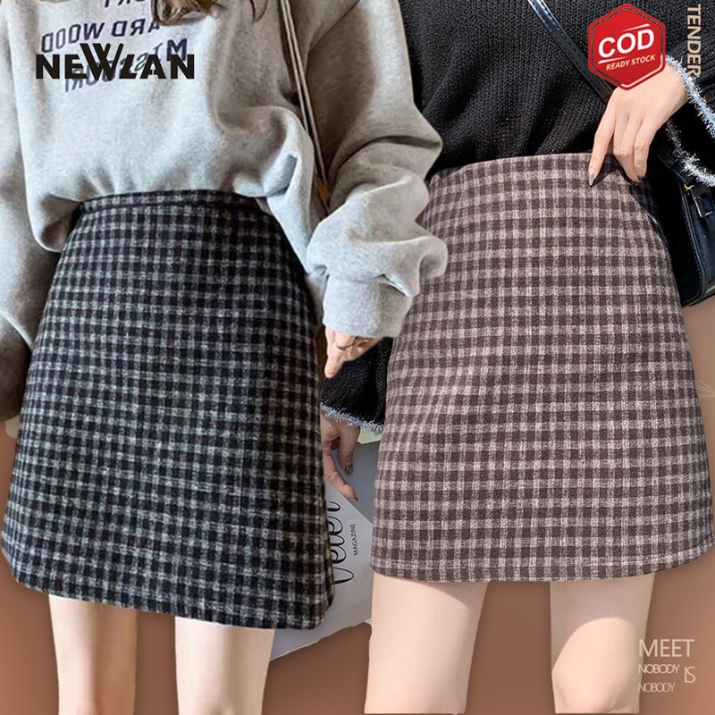 Newlan Dq Plaid Skirt Short Korean Model High Waist Slim Hips Plaid Skirt With Lined Short