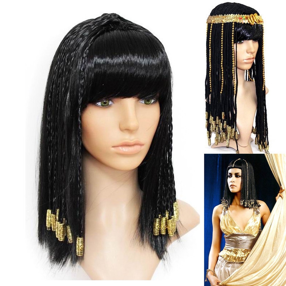 Women Egyptian Cleopatra Wigs Black Human Hair Wig with Braids Fringe  Toupee Costume Accessories | Shopee Philippines