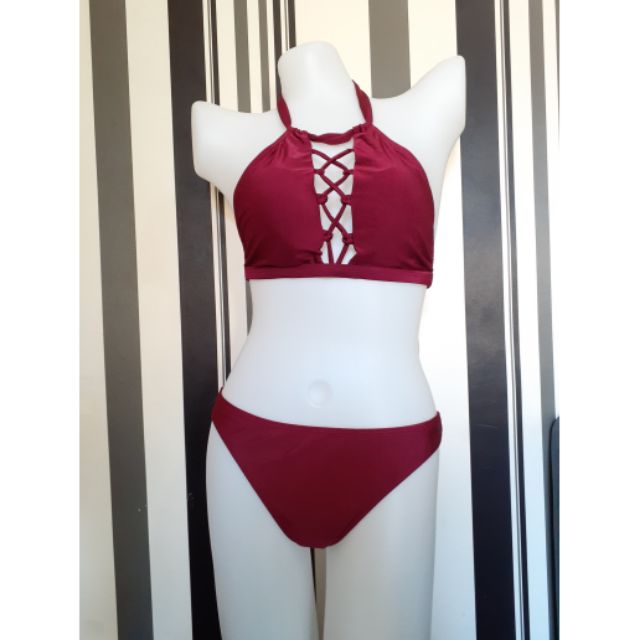 maroon two piece swimsuit
