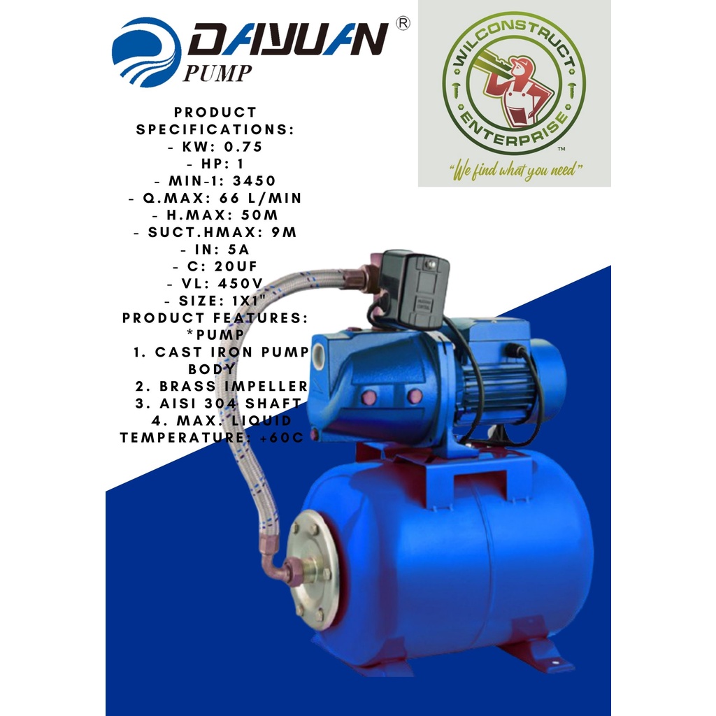 DAYUAN 1HP SelfPriming Jet Pump w/ 24 Bladder Tank (JET750AH+24L