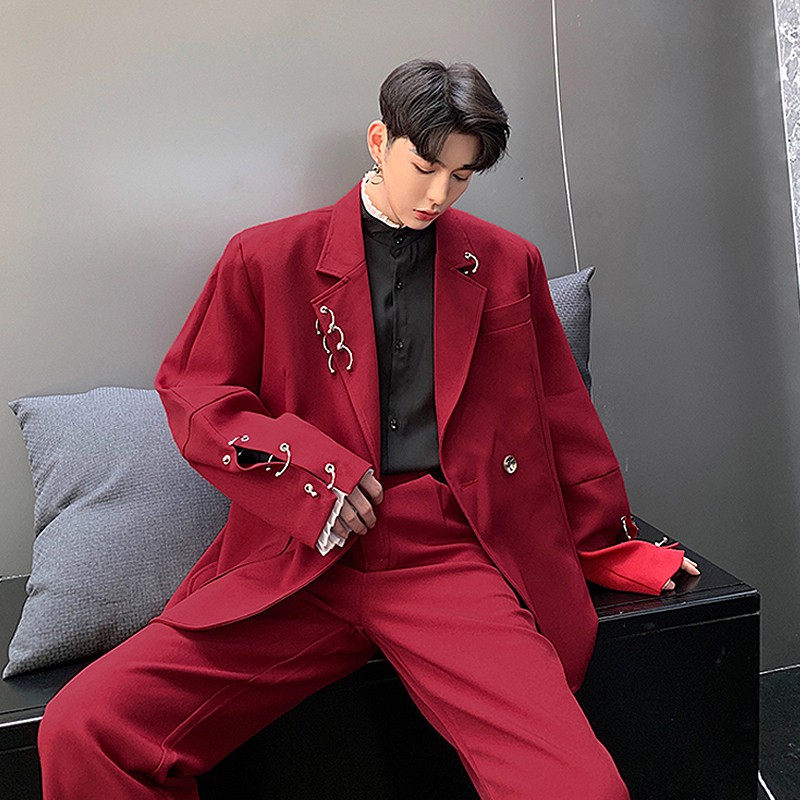 Trendy Men Clothing] Autumn Korean Fashion Hoop Decoration Vintage Time  Wine Red Small Suit Trendy Brand Men's Outerwear Handsome Catwalk | Shopee  Philippines