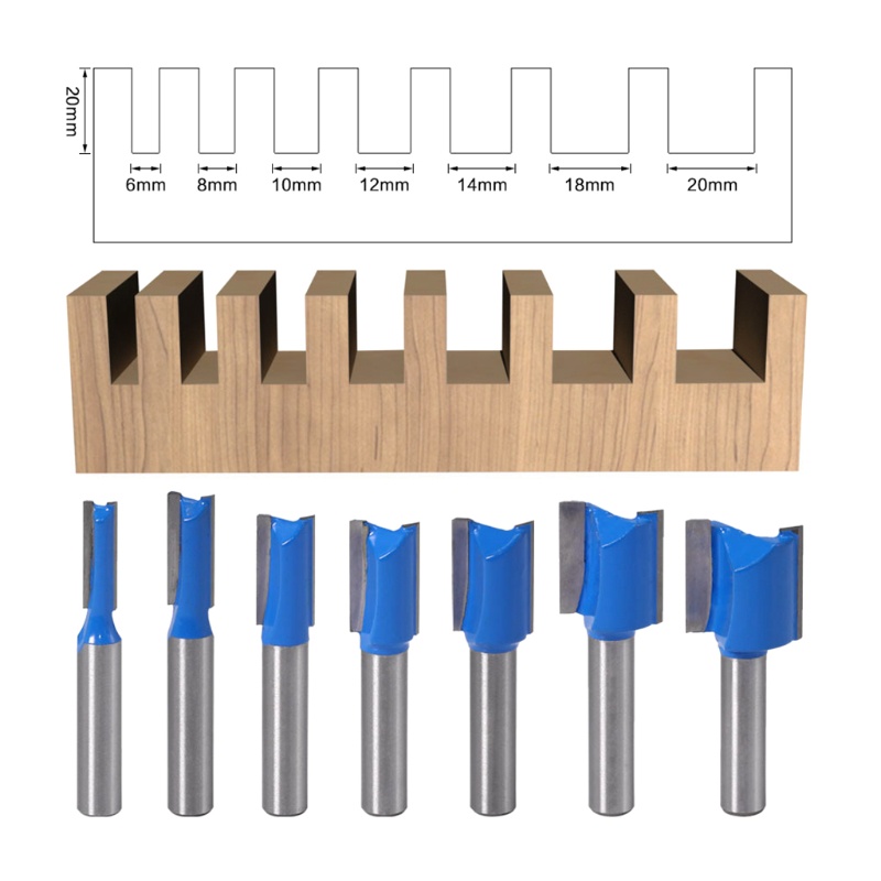 PCF* 7x 8mm Shank Straight Woodworking Router Bit Set Dia 6mm-20mm for Lathe Machine