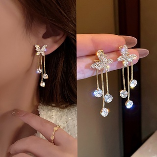Korean New Trendy Diamond-studded Earrings for Girl High-end Butterfly Earrings Sweet Tassel Temperament Earrings Women
