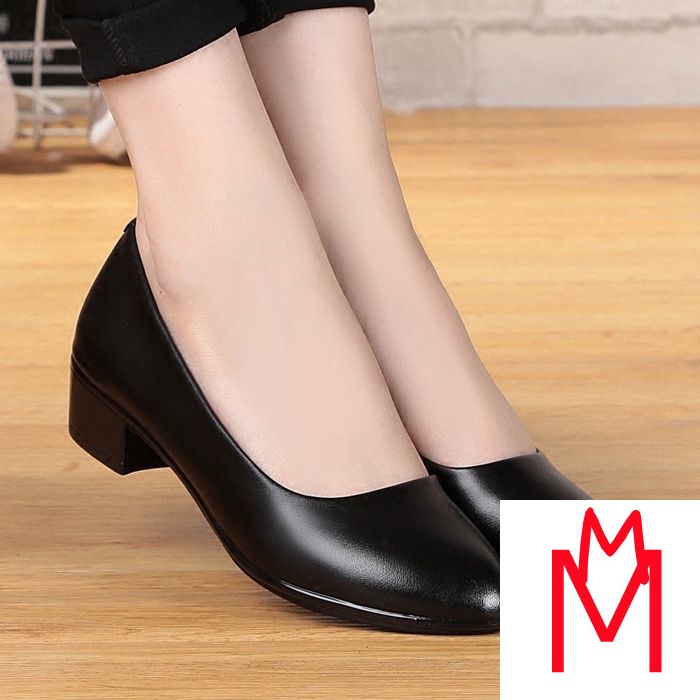 High Heels Soft Leather Comfortable Work Shoes Four Seasons Single Women's  Mid-Heel Thick Heel Scoop Black Etiquette Professional2Female | Shopee  Philippines