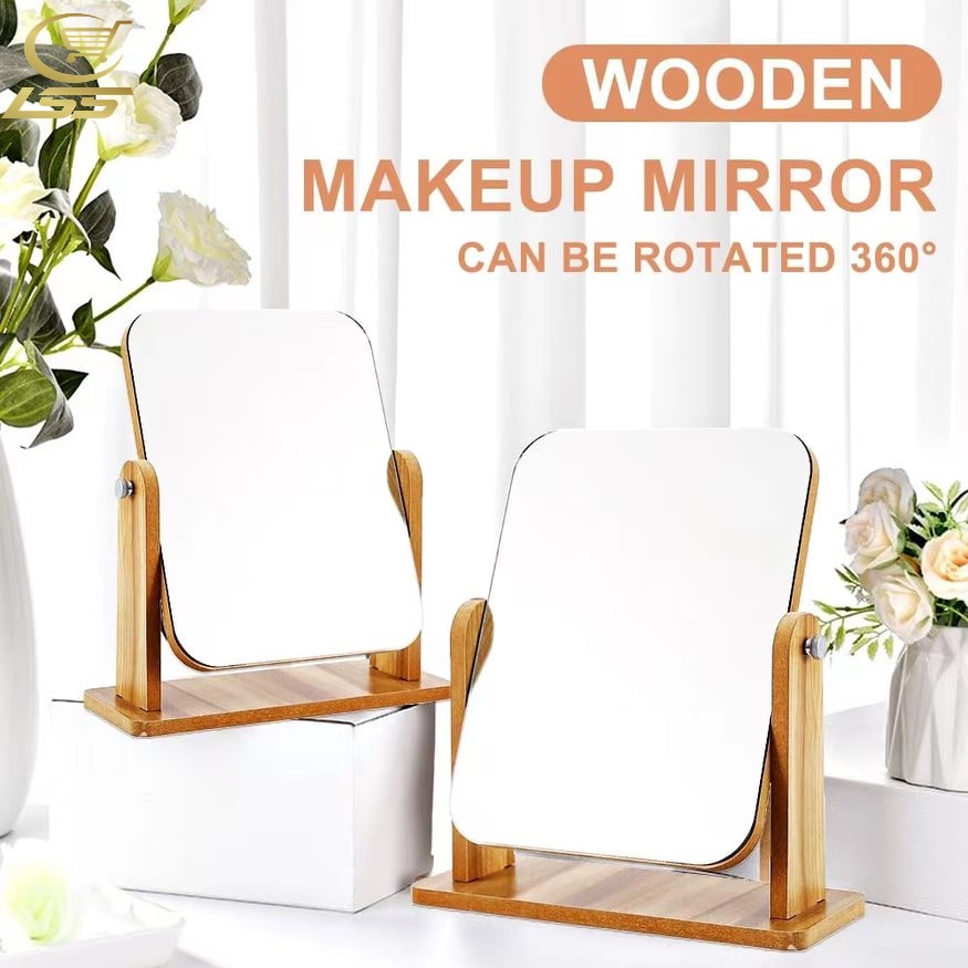 Small Wooden Mirror 360 Degree Portable Adjustable Table Desk Mirror