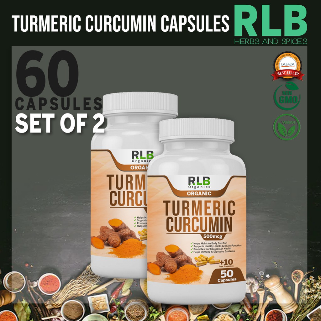 Set of 2 60 Capsules Organic Pure Natural Turmeric Capsules Anti