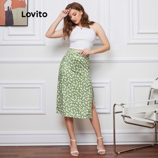 Lovito Cute Floral Print Split Thigh Skirts L08213 (Green)