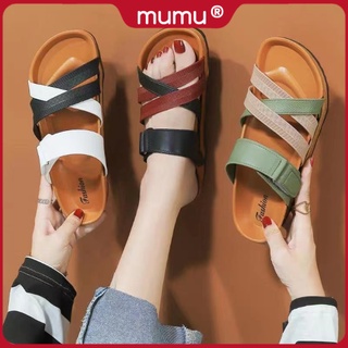 Mumu #SP15 Ladies Korean Sandals Flat Slippers Cross Strap Velcro For Women (Add+1 Size)