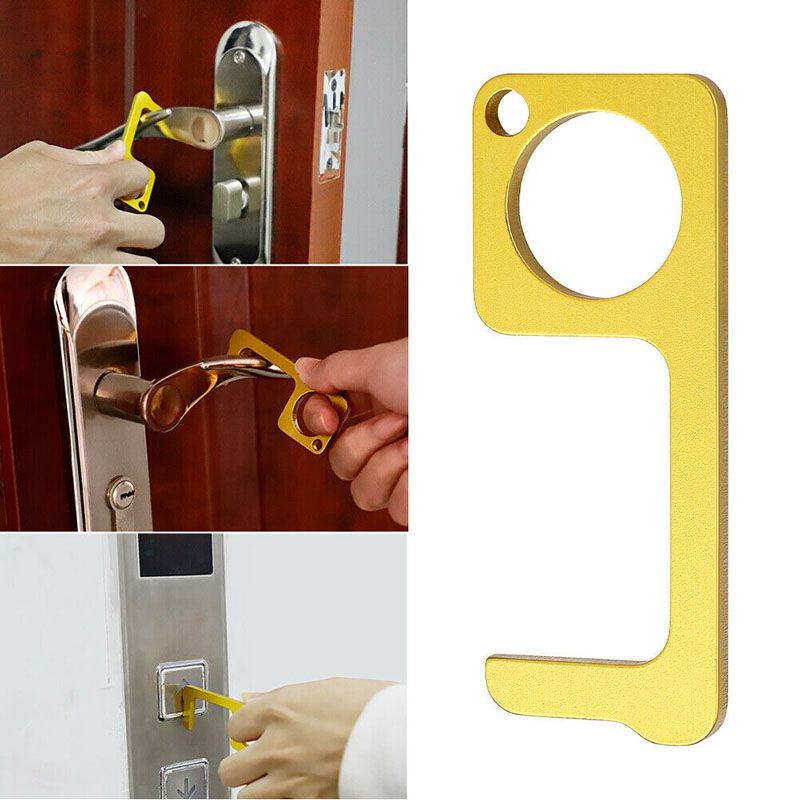 2Pack Keychain Door Opener Tool Hygiene Hand Brass EDC Tool Elevator Door Key Stylus Keychain Tool Non-Contact Door Opener