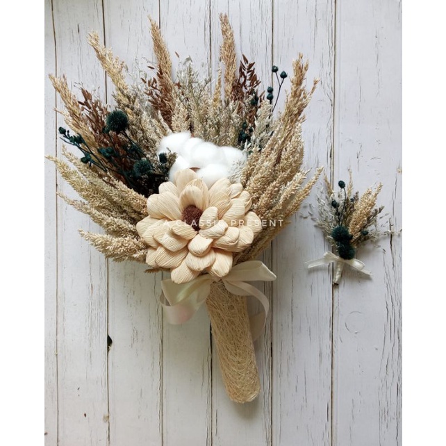 Rustic Bridal dried flower bouquet with Boutonniere Preserved flowers