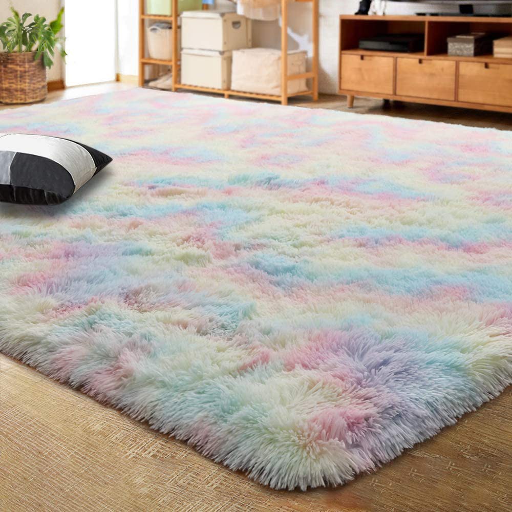 JHVN Rainbow Fluffy Rugs Shaggy Dining Room Floor Home Bedroom Carpet