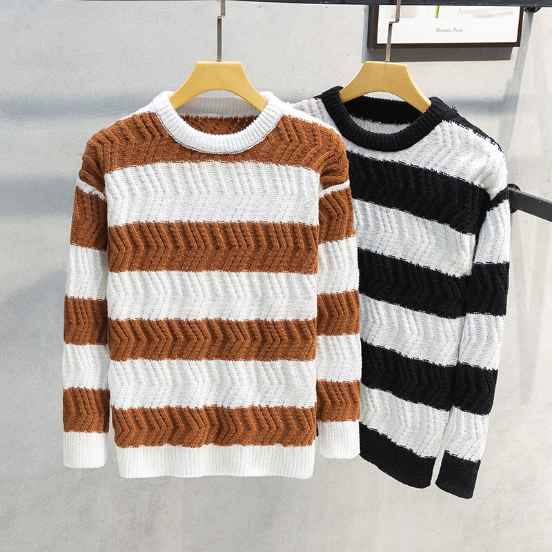 Men's Striped Knit Unisex Warm Crew Neck Sweater College Style European and American Knitted Sweater #5