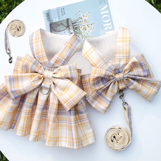 MUC [QY2054] Pet Bowknot Vest Dress Dog JK Plaid Chest Strap Cat Harness Strap Leash Dog outdoor tracking rope Kawaii Puppy Chest Harness Pet clothes #8