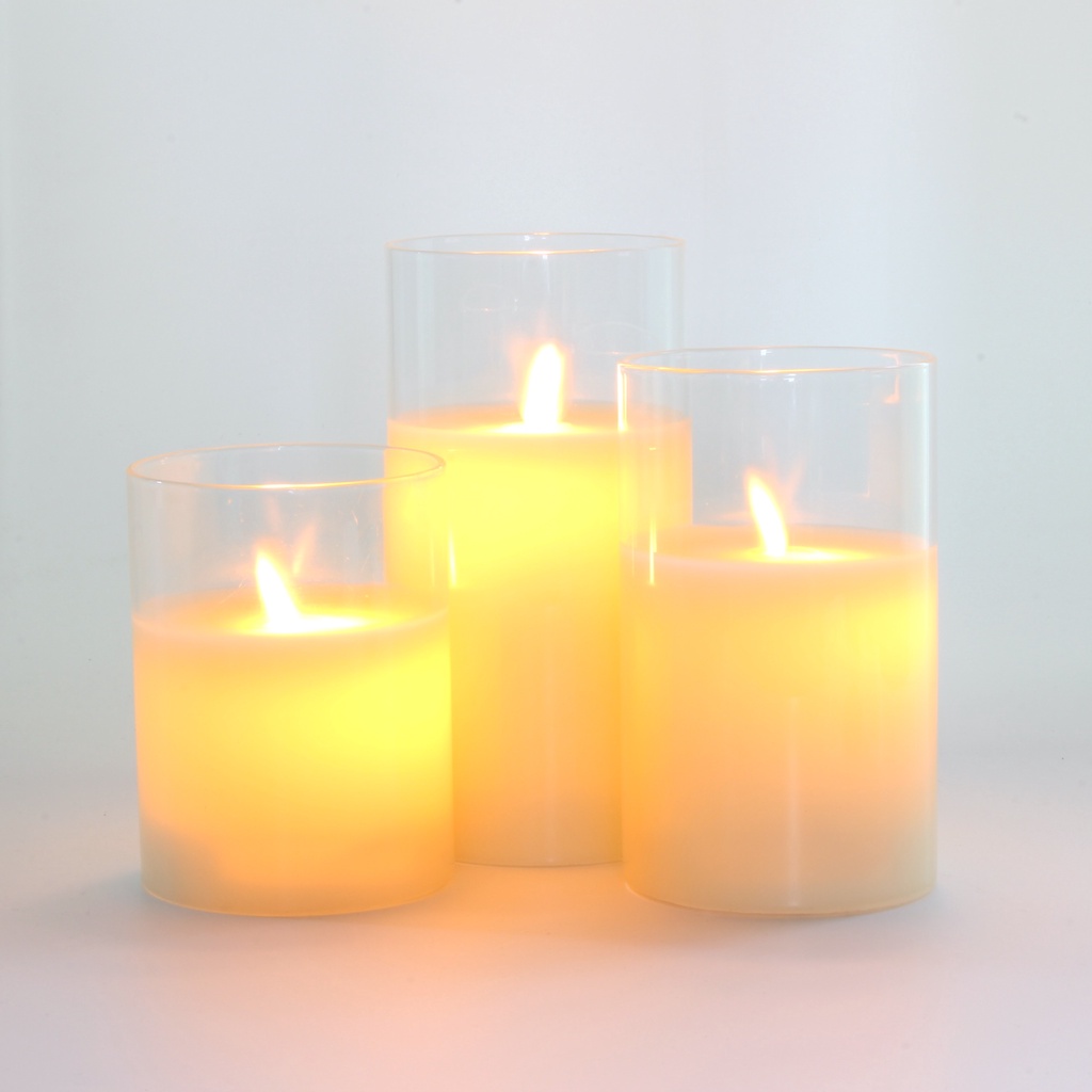 Set of 3 Glass Flameless LED Candles Real Wax Pillars & Moving Flame