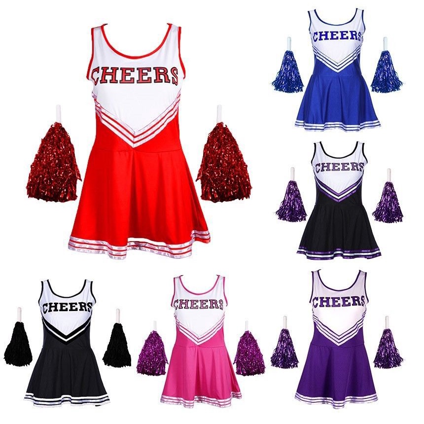 Cheerleader Uniform Fancy Dress Outfit Musical Costume with Pom Poms ...