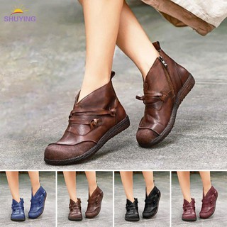 Womens Flat Ankle Boots Ladies Vintage Winter Casual Zipper Round Toe Shoes Size