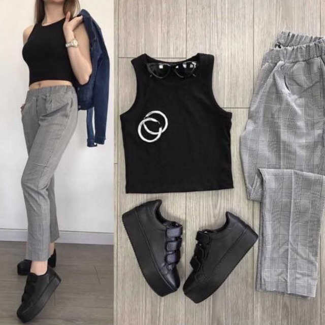 black top gray pants