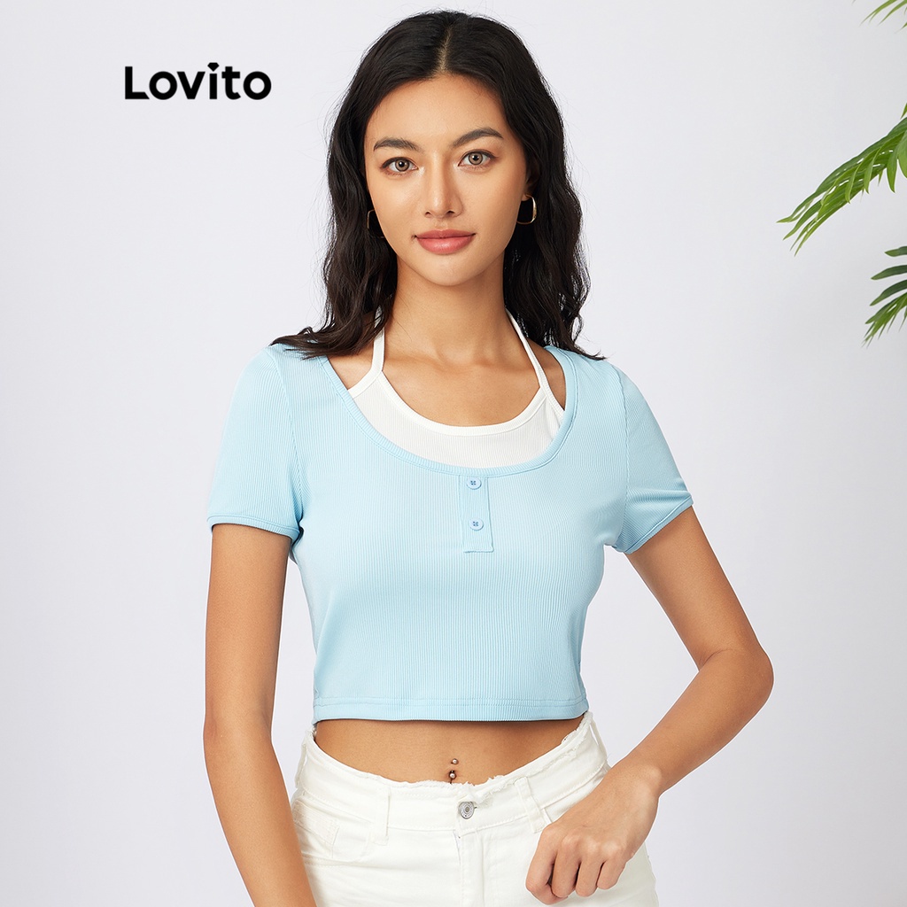 Lovito Casual Stitching Crop Colorblock T-Shirts L21EN007 (Blue ...