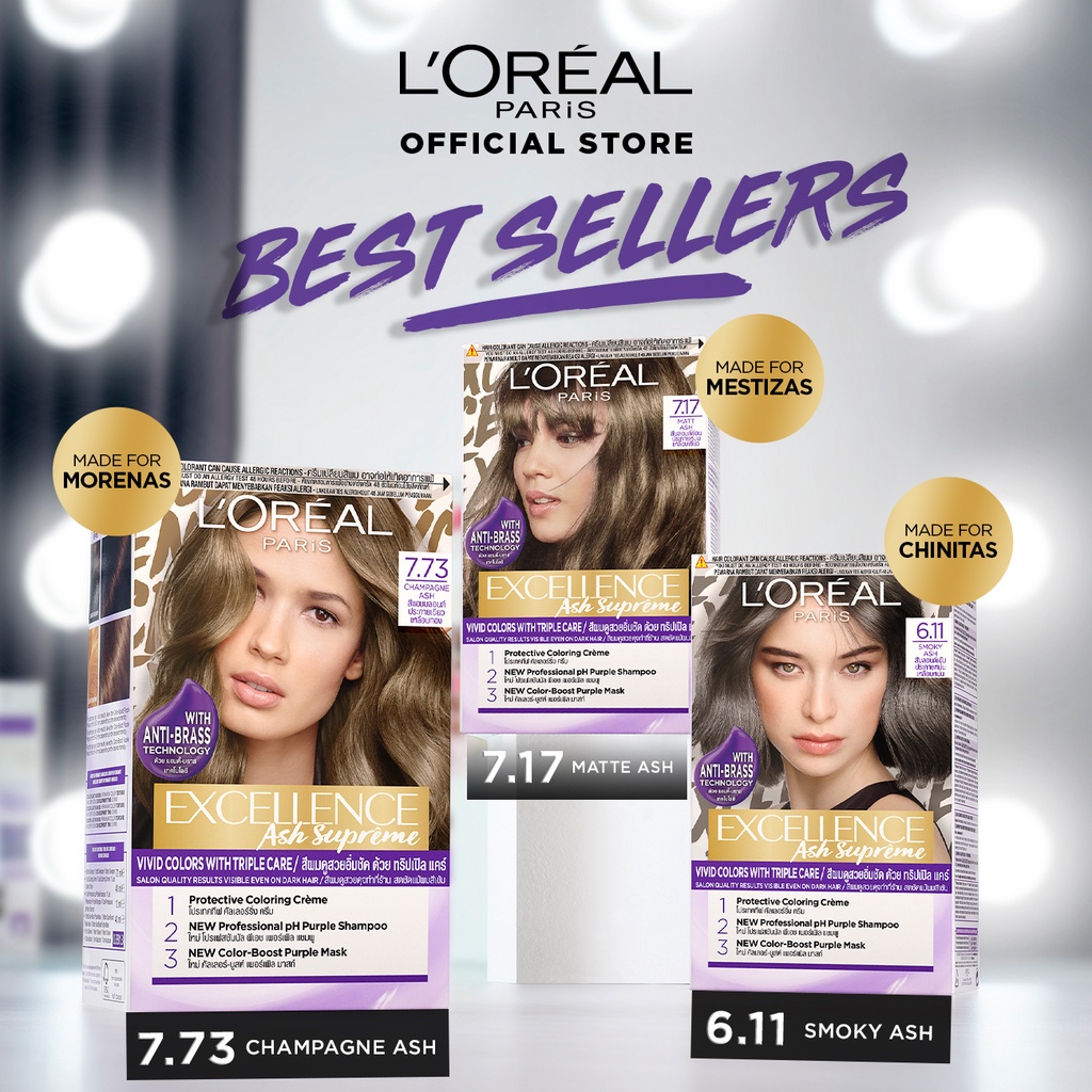 LOreal Paris Excellence Ash Supreme Haircolor with Anti-Brass Purple Shampoo [Hair Dye, Permanent] #7