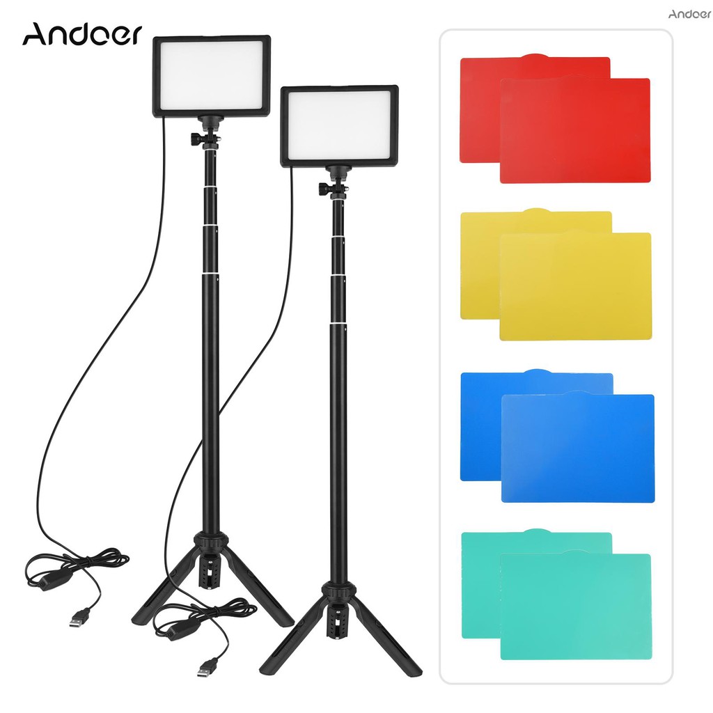 Andoer 2pcs USB LED Video Light Kit Photography Lighting 3200K-5600K 120pcs  Beads 14-level Dimmable with 148cm/58in Adjustable Height Tripod Stand 5pcs  White/ Red/ Yellow/ Green/ Blue Filters Triple Cold Shoe Mount for