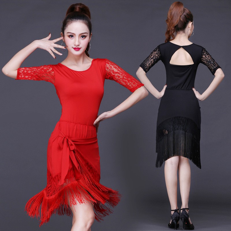 New latin dance costume adult female half-length fringed skirt suit square  dance chacha dance clothe | Shopee Philippines
