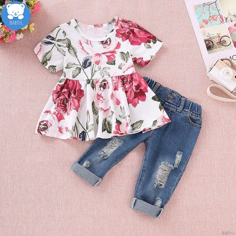Children S Short Sleeve Bird Print T Shirt Ripped Jeans Set Shopee Philippines - clothes roblox blue ripped jeans girl outfits ripped jeans