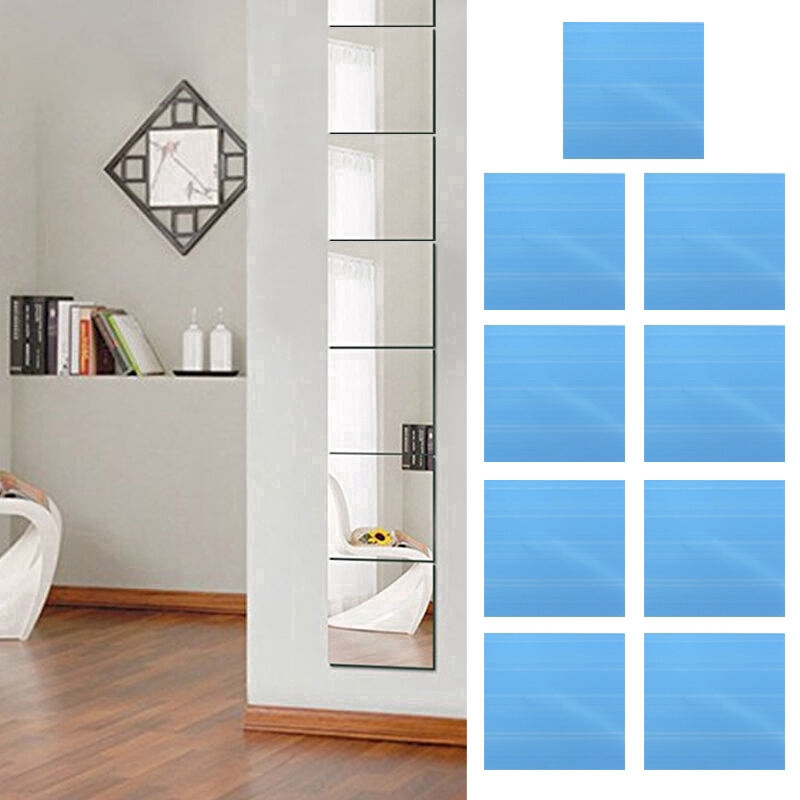 9Pcs Room Bathroom Adhesive Mirror Square Silver Self Sticker Tile