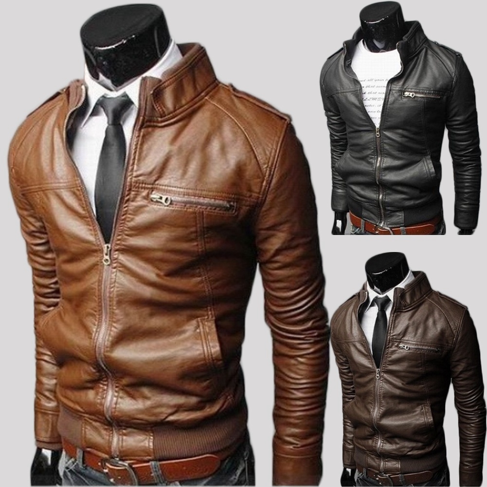 New Mens PU Leather Stand Collar Jacket Slim Fit casual Jacket Top Coat Outwear