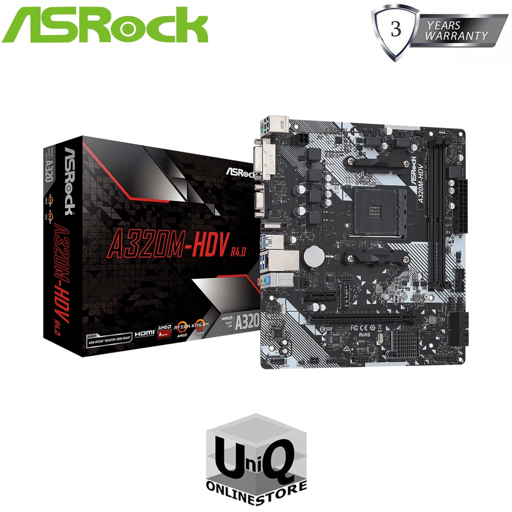 ASROCK A320MHDV R4.0 Micro ATX Motherboard, AMD AM4 Socket, 2 DIMMs