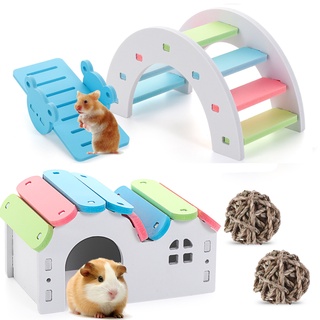 【COD+IN Stock】Fun Rainbow Hamster Toys Set Wooden Hamster House Swing and Exercise Chew Grass Balls