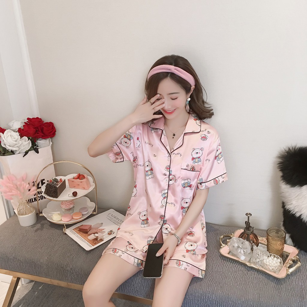 MeTOo 2022 Korean silk short sleeve cute bear pattern comfortable ...