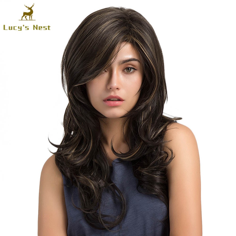Women Medium Long Curly Wavy Wigs Slanted Bangs Synthetic