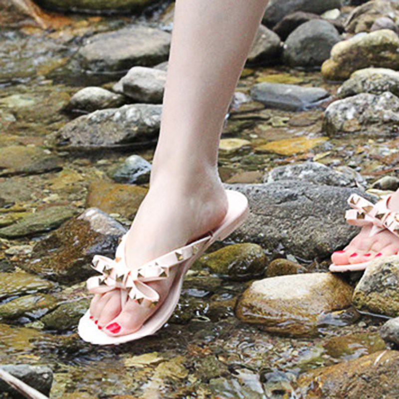 Womens Sandal Flat Heel Rivet Bowknot Flip Flop Mules Beach Thongs Slipper Shoes