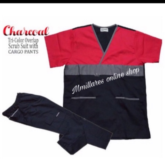 Tri-Color Scrub Suit with Cargo Pants (Charcoal) | Shopee Philippines