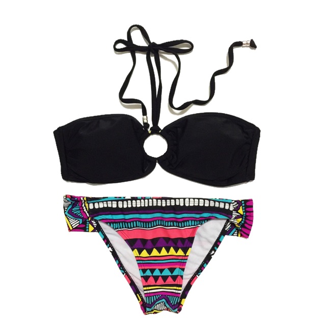 (S) Plain Black Ringed V-String Bandeau Rainbow Aztec Bikini | Shopee ...