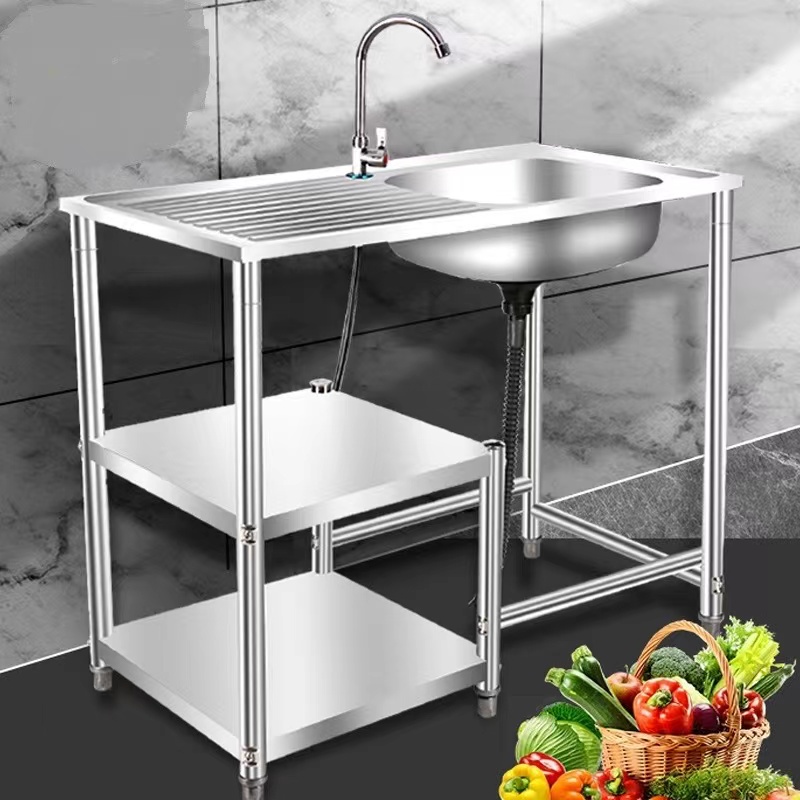 Kitchen Stainless Steel Simple Sink Single Tank With Support Shelf Wash ...