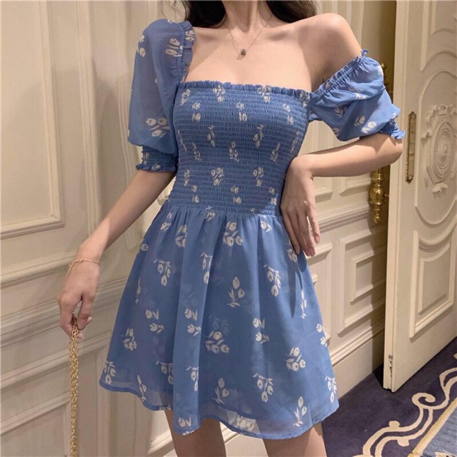 Blue Floral Off Shouder Dress #6080 | Shopee Philippines