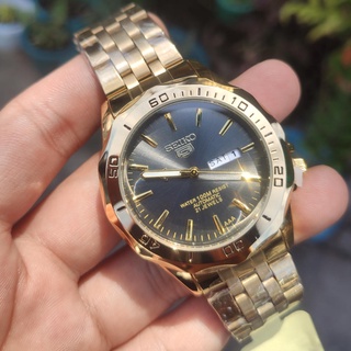 （Selling）Seiko 5 Expensive Water Resist Day & Date 21 Jewels Auto Hand Movement Gold Black Mens Watc #4