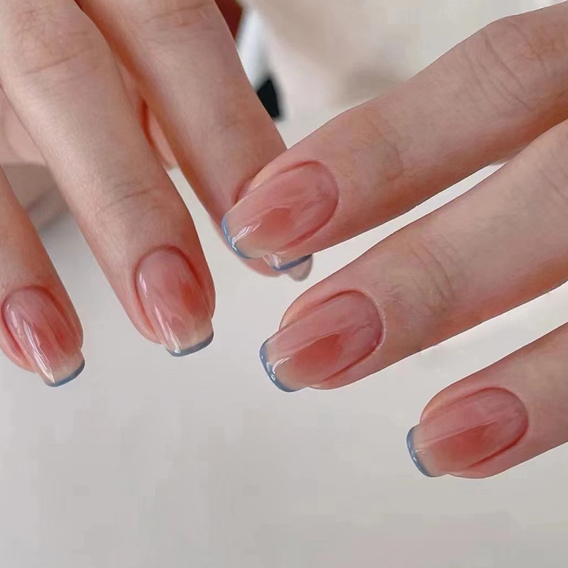 Simple Pink Blush Blue Edge French Style Fake Nails Square False Nails 24  Pcs/box | Shopee Philippines