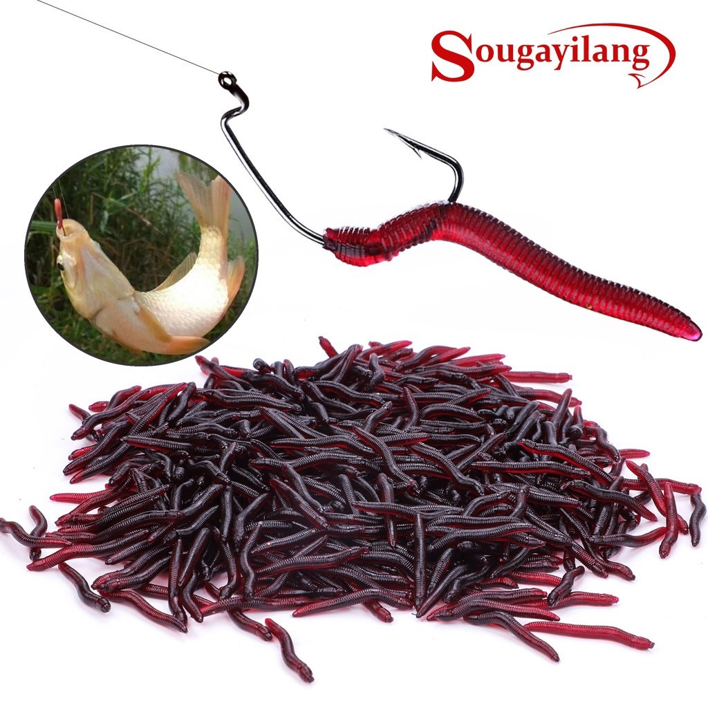 Sougayilang 50pcs Soft Lure Fishing Worm 4cm 0.3g Red Worms Artificial ...