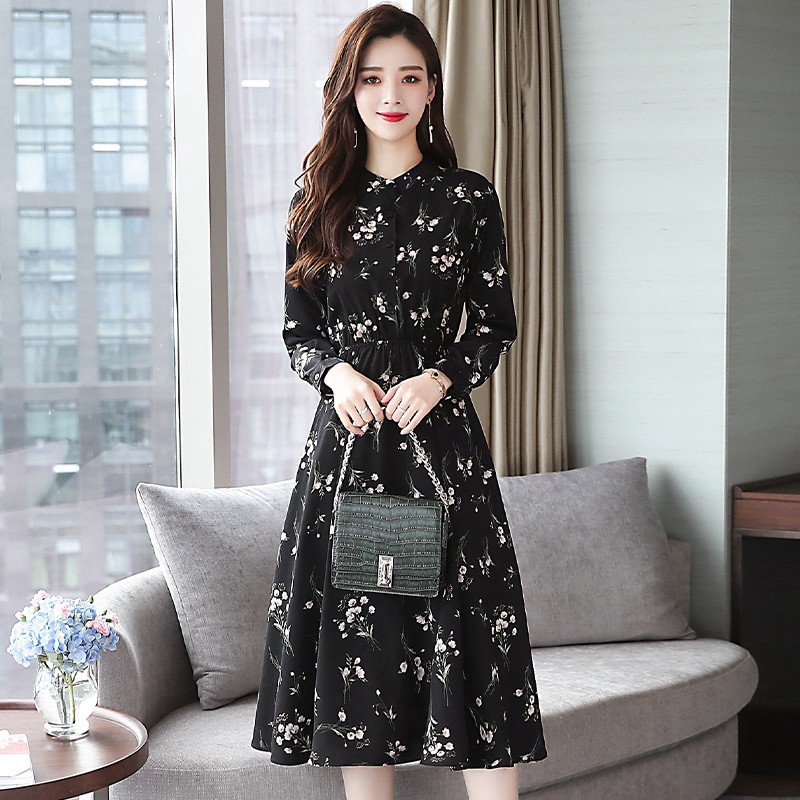 Shesmile Floral Print Casual Long Dresses Women Autumn Long Sleeve Dress  Black | Shopee Philippines