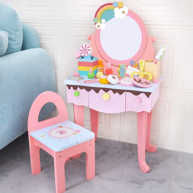 Pretend Vanity Play Set Dressing Table Dresser Wooden Toy Makeup Vanity