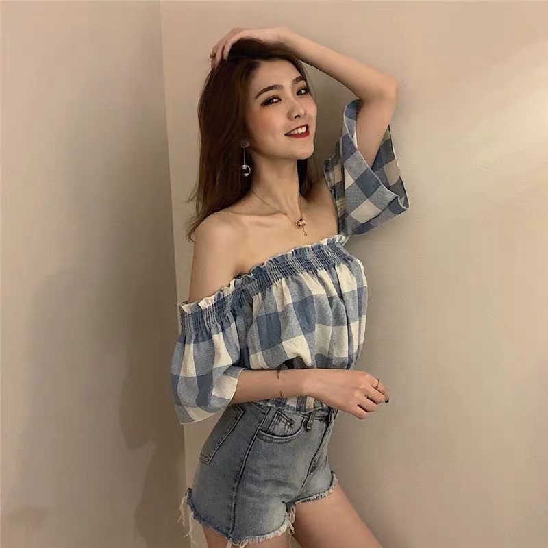 Crush Grid Off shoulder crop  top  Korean  style Shopee 