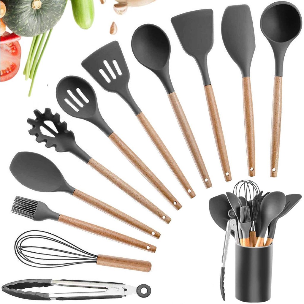 Kitchen Utensils Set Silicone Cooking Utensils Heat Resistant Kitchen Tools Wooden Handle Spoons Kitchen Utensil Set With Holder Spatulas Turner Tongs Whisk Kitchen Appliances For Cooking Shopee Philippines