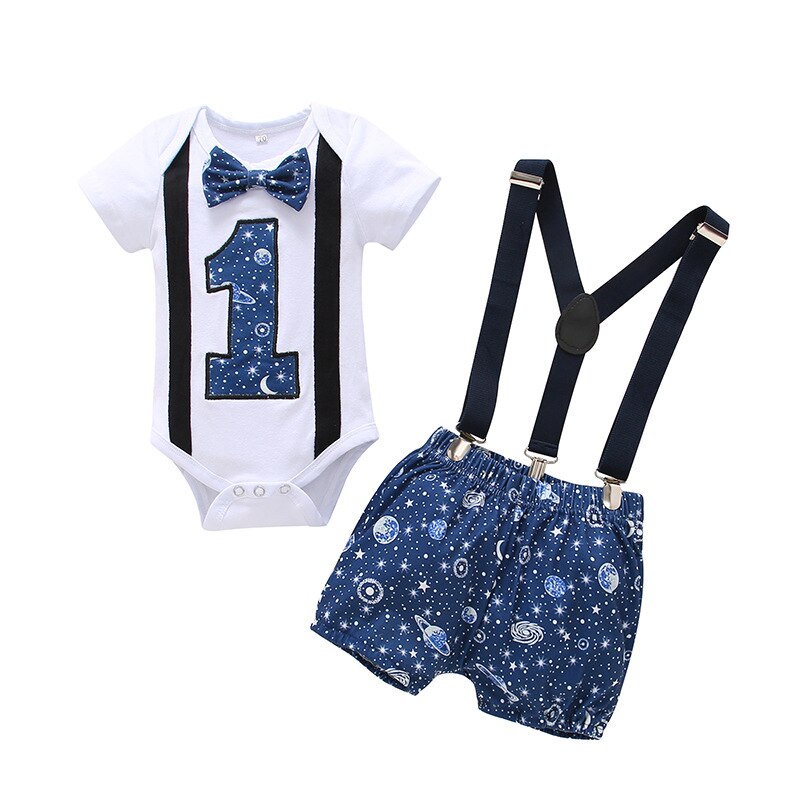 My 1st Birthday Baby Boy Girl Cartoon Dot Print Romper Suspender Shorts Outfits