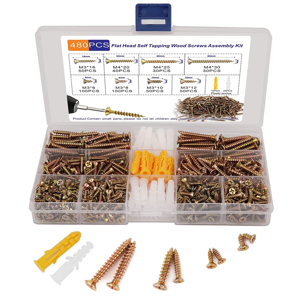 480 Pieces M3 M4 SelfTapping Wood Screws Sorting Kit, Philips Flat